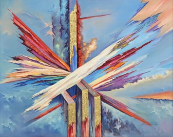 LEN SOLOMAN (20THC.) 'ANVIL OF THE ENCYCLOPES' ABSTRACT PAINTING, 32" X 40"