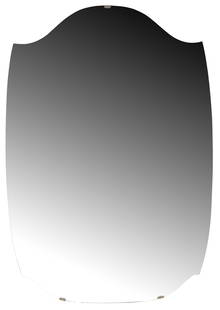 ITALIAN MID-CENTURY MODERN FRAMELESS BEVELED WALL MIRROR: Italian mid-century modern frameless wall mirror, c.1960s, beveled mirror plate, held with silver-tone metal clips, on shaped wood back, approx 39.5"h, 26"w, 27.5lbs