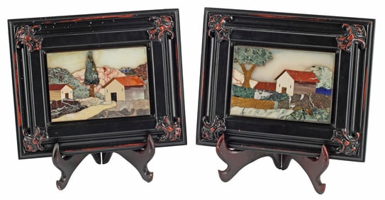 (2) FRAMED ITALIAN PIETRA DURA SPECIMEN MARBLE LANDSCAPE PLAQUES