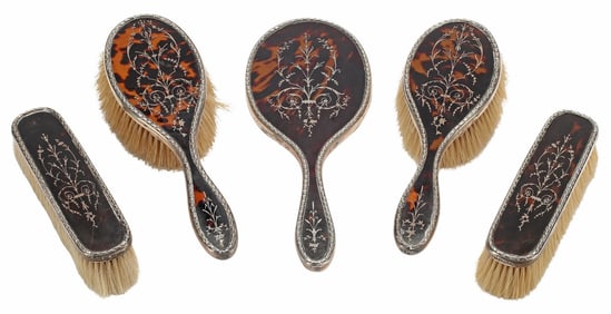 (5) ENGLISH SILVER PIQUE WORK DRESSING TABLE SET