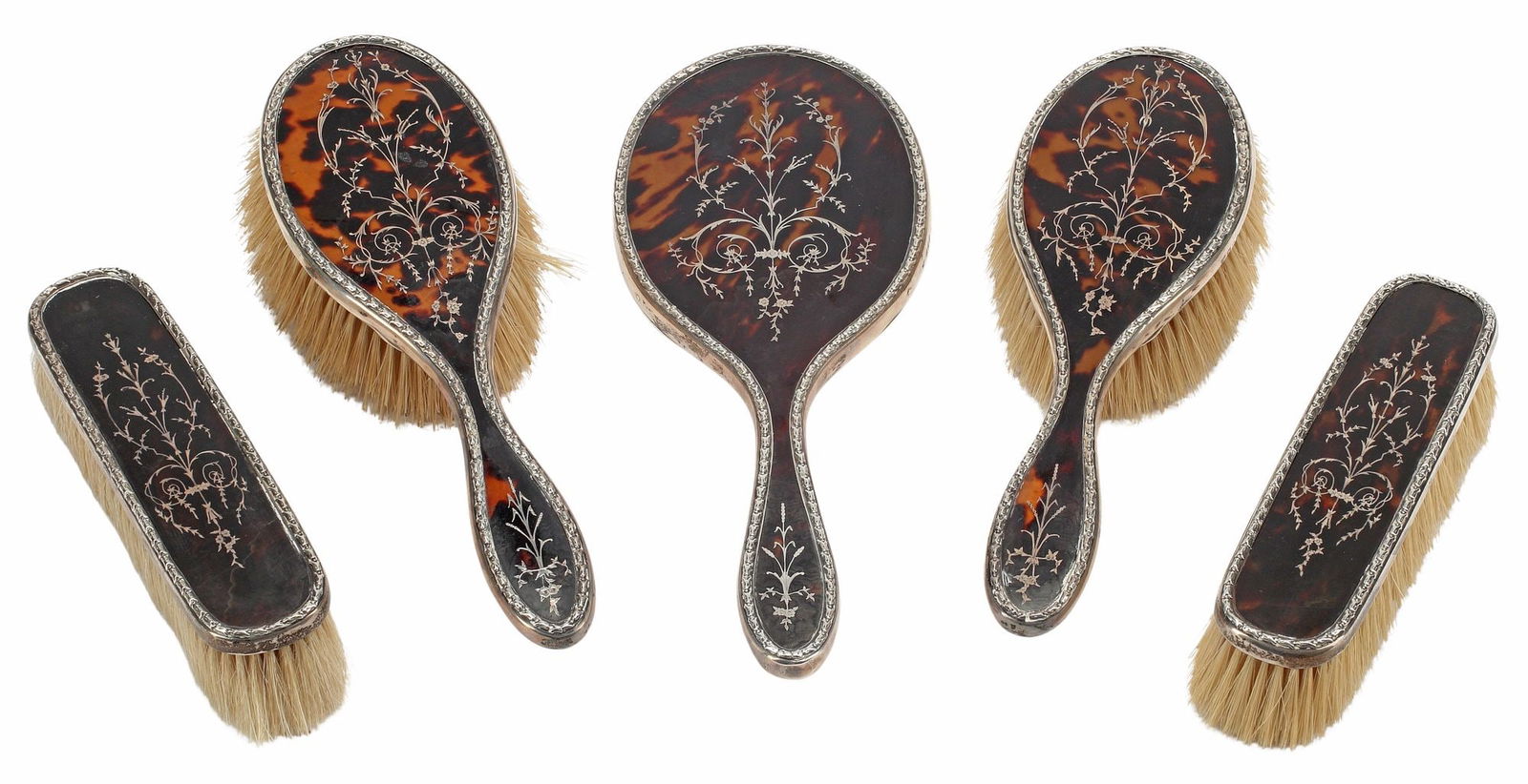 (5) ENGLISH SILVER PIQUE WORK DRESSING TABLE SET: (lot of 5) English George V sterling silver pique work dressing table set, Charles & Richard Comyns, first quarter 20th c., including: (1) hand mirror, (2) hair brushes, (2) clothes brushes; large