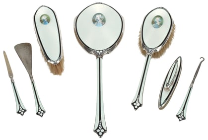 (7) AMERICAN STERLING SILVER & GUILLOCHE ENAMEL DRESSING SET