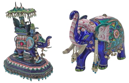 (2) ENAMELED SILVER MODELS OF CAPARISONED ELEPHANTS, INDIA