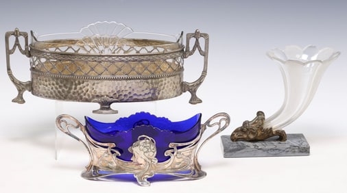 (3) JUGENDSTIL SILVERPLATE JARDINIERES & RHYTON-FORM VASE, 1 WMF