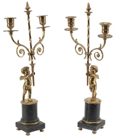 (2) EMPIRE STYLE ORMOLU & MARBLE FIGURAL TWO-LIGHT CANDELABRA