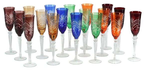 (18) CUT-TO-CLEAR COLORED CRYSTAL CHAMPAGNE FLUTES