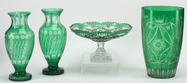 (4) GREEN-FLASHED CUT-GLASS VASES & COMPOTE