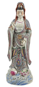 LARGE CHINESE ENAMELED PORCELAIN FIGURE STANDING GUANYIN, 24.5"H