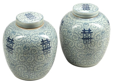 (2) CHINESE BLUE & WHITE PORCELAIN VASES & COVERS