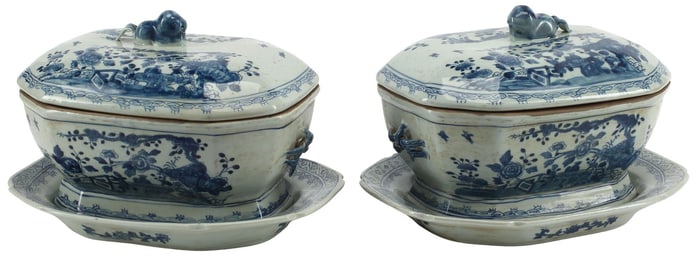 (2) CHINESE EXPORT STYLE BLUE & WHITE TUREENS, COVERS & STANDS