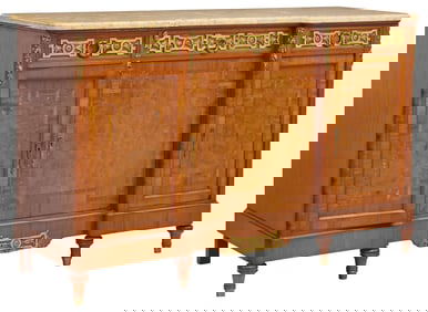 BELGIAN ART DECO MARBLE-TOP MAHOGANY & BURLWOOD SIDEBOARD