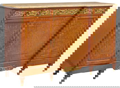 BELGIAN ART DECO MARBLE-TOP MAHOGANY & BURLWOOD SIDEBOARD: Belgian Art Deco period mahogany and burlwood sideboard, A Brants Tonnemans Ameublement, Brussels, c.1930s, having shaped marble top, over conforming case fitted with three drawers, above three cabine
