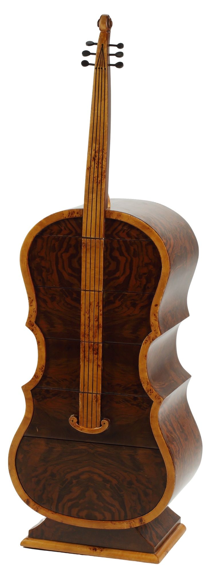 ART DECO STYLE CELLO-FORM COMMODE: Art Deco style cello-form chest of drawers, fitted with four drawers, lower rounded panel concealing a secret compartment, approx 61"h, 20"w, 13"d