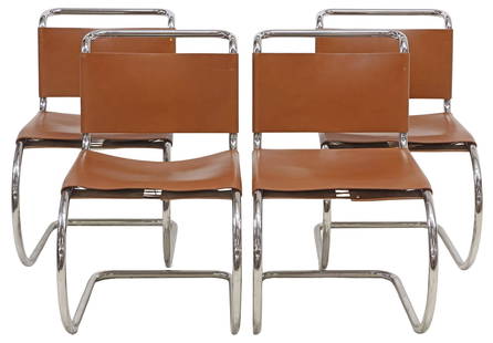 (4) MIES VAN DER ROHE KNOLL 256CS MR ARMLESS SIDE CHAIRS, 1978: (lot of 4) 256CS MR armless side chairs, Ludwig Mies van der Rohe (German-American, 1886-1969) for Knoll International, c.1978, brown leather back and seat with laced closures, chrome-plated tubular s