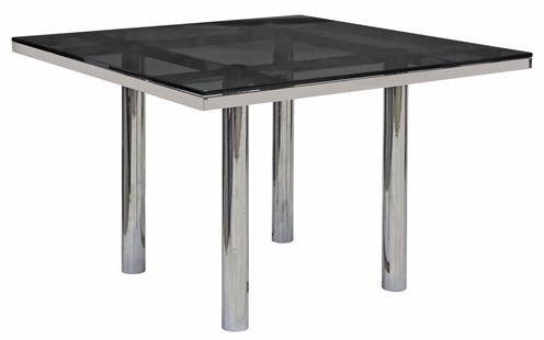 AFRA & TOBIA SCARPA FOR KNOLL 'ANDRE' SQUARE DINING TABLE: Andre dining table, attributed to Afra Bianchin Scarpa (Italian, 1937-2011) and Tobia Scarpa (Italian, b.1935) for Knoll International, c.1968, smoked glass top, chrome-plated steel base, apparen