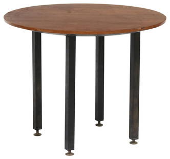 ITALIAN MID-CENTURY MODERN TEAK COFFEE TABLE: Italian mid-century modern teak coffee table, c.1960s, having round tabletop, raised on black-painted steel supports, ending on metal cap feet, approx 17.5"h, 22"diam