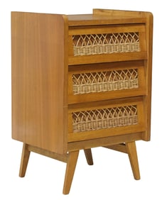 FRENCH MID-CENTURY MODERN OAK & RATTAN PETITE CHEST OF DRAWERS