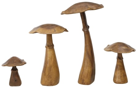 (4) CARVED WOOD MUSHROOMS OR TOADSTOOLS, 38.5"H