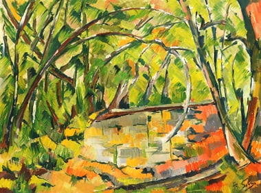 SIGNED B. SOHN OIL PAINTING, ABSTRACT FOREST LANDSCAPE, 18" X 24"