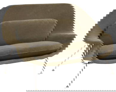 EERO SAARINEN FOR KNOLL 'WOMB' SETTEE: Womb settee, attributed to Eero Saarinen (Finnish-American, 1910-1961) for Knoll International, c.1970s, molded fiberglass shell in dark gray mohair upholstery, loose back and seat cushions, chrome-pl