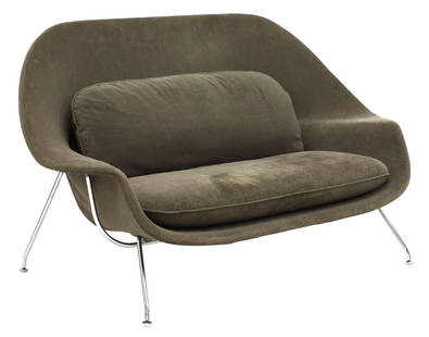 EERO SAARINEN FOR KNOLL 'WOMB' SETTEE: Womb settee, attributed to Eero Saarinen (Finnish-American, 1910-1961) for Knoll International, c.1970s, molded fiberglass shell in dark gray mohair upholstery, loose back and seat cushions, chrome-pl