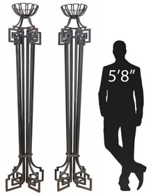 (2) LARGE ART DECO WROUGHT IRON MEANDER MOTIF TORCHIERES, 87"H