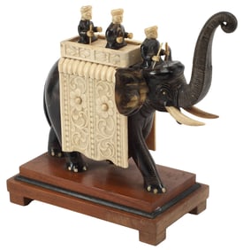 CARVED HORN & BONE MODEL OF A?Ǭ†CAPARISONED ELEPHANT ON WOOD STAND