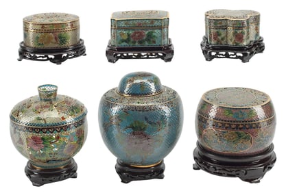 (6) CHINESE PLIQUE-A-JOUR COVERED BOXES ON CARVED WOOD STANDS