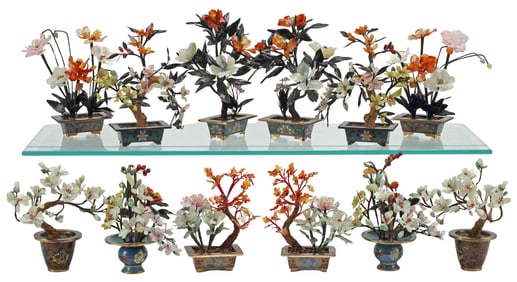 (12) CHINESE HARDSTONE FLOWERING TREES IN CLOISONNE PLANTERS