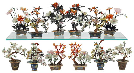 (12) CHINESE HARDSTONE FLOWERING TREES IN CLOISONNE PLANTERS: (lot of 12) Chinese hardstone flowering trees in cloisonne enamel planters, comprising (six) pairs; largest: approx 10"h, 6"w, 3.5"d, 12.25lbs total