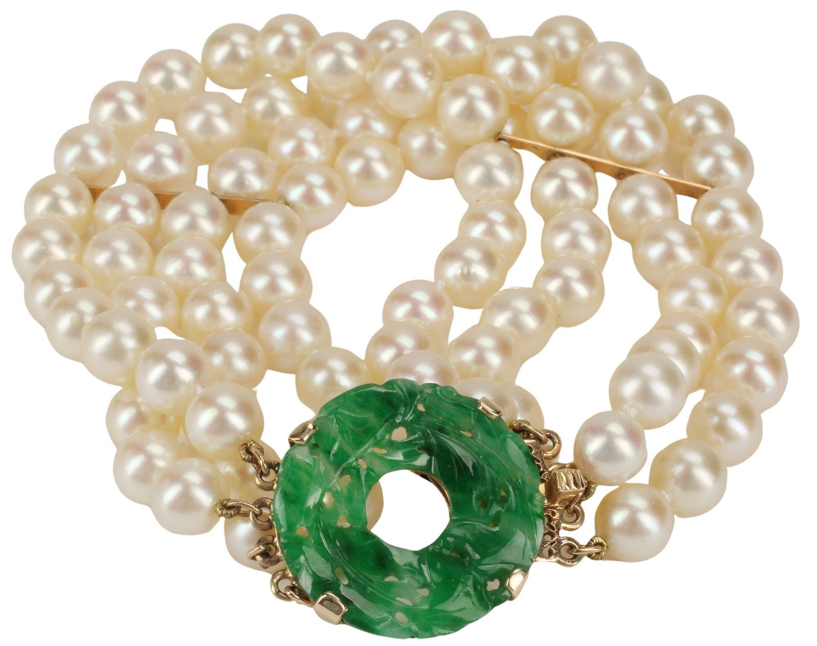 ESTATE FOUR-STRAND PEARL BRACELET WITH 14KT GOLD & JADE CLASP (1 of 4)