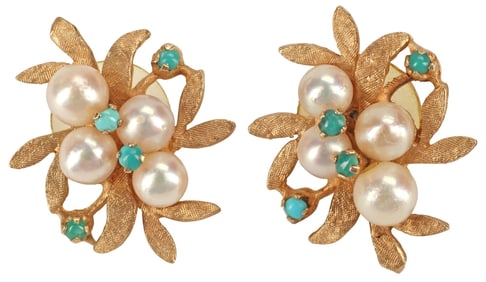 (PAIR) ESTATE FOLIATED 14KT YELLOW GOLD, PEARL & TURQUOISE EARRINGS