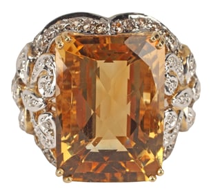 ESTATE 14KT GOLD CITRINE & 1.00CTTW DIAMOND COCKTAIL RING