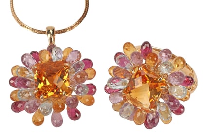 (2) ESTATE 14KT GOLD BRIOLETTE GEMSTONE RING & PENDANT