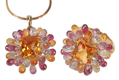 (2) ESTATE 14KT GOLD BRIOLETTE GEMSTONE RING & PENDANT: (lot of 2) Estate 14kt yellow gold and multi-gemstone jewelry suite, marked 14K Meda China, including: (1) ring, cushion cut citrine, approx 4.00ct, surrounded by multiple briolette cut gemstones incl