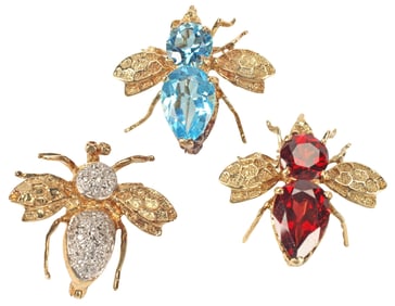 (3) ESTATE 14KT YELLOW GOLD, PAVE DIAMOND & GEMSTONE BEE BROOCHES