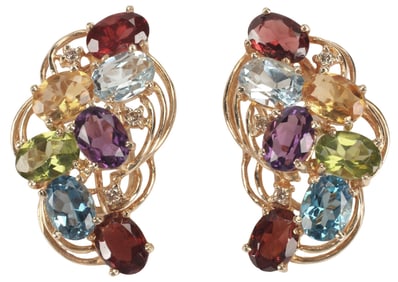 ESTATE 14KT GOLD DIAMOND & MULTICOLORED GEMSTONE EARRINGS