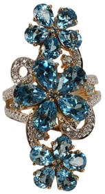 ESTATE 14KT GOLD DIAMOND & BLUE TOPAZ FLOWER RING