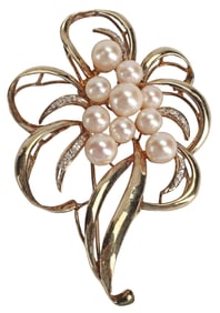ESTATE 14KT YELLOW GOLD PEARL & DIAMOND BROOCH