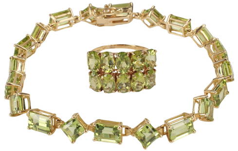 (2) ESTATE 14KT YELLOW GOLD PERIDOT LINE BRACELET & RING: (lot of 2) Estate 14kt yellow gold and peridot jewelry, including: (1) line bracelet, with emerald-cut and princess-cut peridot, approx 16.80cttw, clasp marked EMA 14K, approx 7"l, (1) ring,