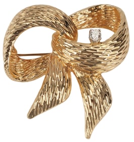 ESTATE HENRY DANKNER 14KT GOLD & DIAMOND BOW BROOCH