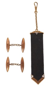 (2) ESTATE 14KT GOLD LOZENGE-SHAPED CUFFLINKS & WATCH FOB