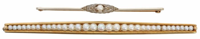 (2) ESTATE 14KT YELLOW GOLD, PEARL & DIAMOND BAR PINS