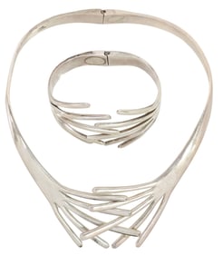(2) MODERNIST STERLING SILVER COLLAR NECKLACE & CLAMPER CUFF, MEXICO