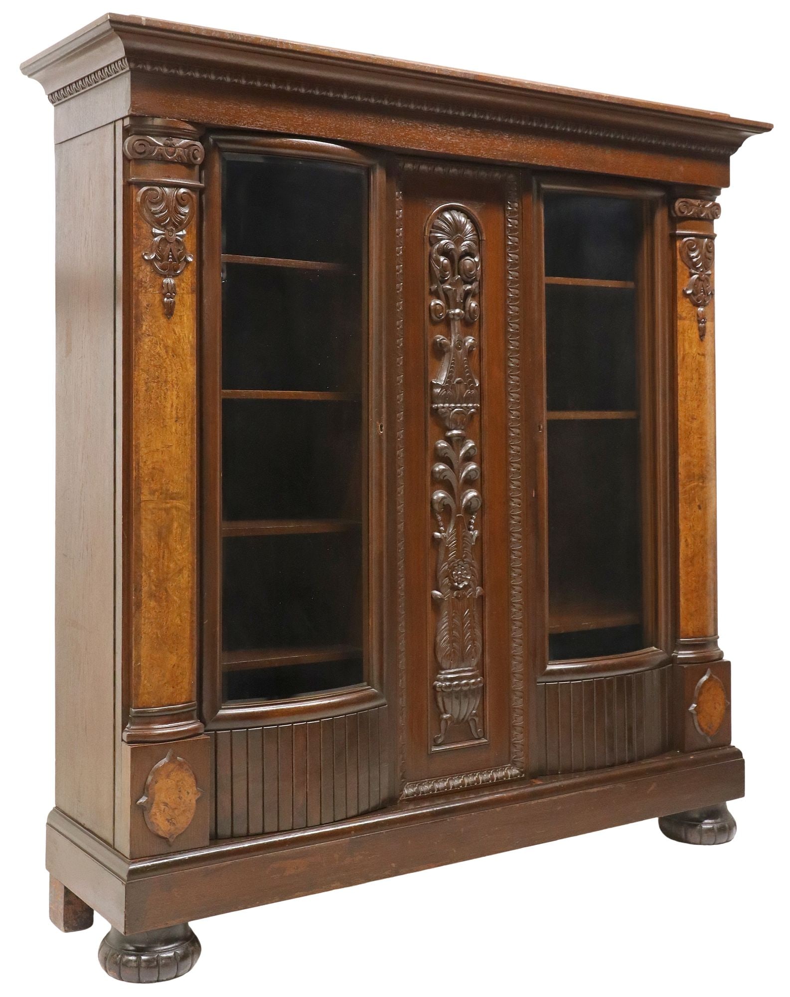 CONTINENTAL OAK & BURLWOOD BOOKCASE WITH CURVED GLASS (1 of 4)