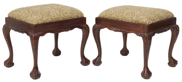 (2) CHIPPENDALE STYLE UPHOLSTERED MAHOGANY STOOLS