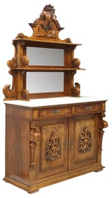 FRENCH MIRRORED MARBLE-TOP WALNUT HUNT SIDEBOARD