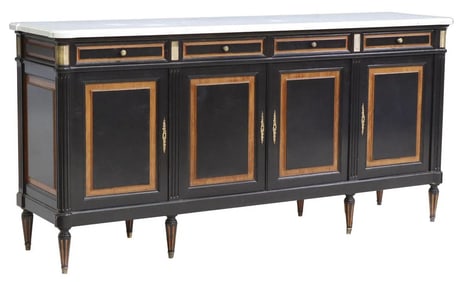 FRENCH LOUIS XVI STYLE BLACK PAINTED MARBLE-TOP SIDEBOARD