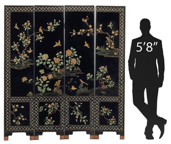 CHINESE HARDSTONE-MOUNTED BLACK LACQUER FOUR-PANEL SCREEN