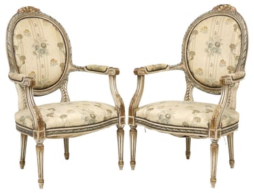 (2) FRENCH LOUIS XVI STYLE PAINT DECORATED & UPHOLSTERED ARMCHAIRS